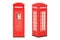 Red telephone boxes, front and side view, 3D rendering