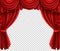 Red theatre curtain. Realistic scene portiere on transparent background, cinema or circus drape luxury silk or velvet