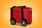 Red thermo bag on wheels against orange background. Food delivery service