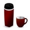 Red thermos bottle with red cup on white background.