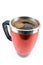 Red thermos cup with coffee drink