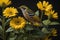 Red-throated reedling with yellow flowers on a black background. generative ai