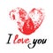 Red thumbprint heart and handwritten phrase I love you. Romantic