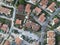 Red tiled roofs of Rovinj. A photo from a drone of houses in the city of Rovinj. Dawn in the city.