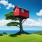 A red tiny house sitting on top of a small