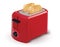 Red toaster with toasted bread for breakfast inside.