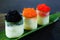 Red and tobiko caviar topped sushi rolls set