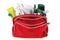 Red toiletry bag on a white background