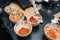 Red Tomato Sauce in White Ceramic Bowls at the Restaurant Kitchen, Barbecue Sauce, Sweet and sour Chinese sauce. Top view. Food Pr