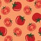 Red tomato seamless pattern on red background. slice halves, and cherry tomatoes