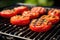 red tomatoes on a grill, close-up, featuring heat waves