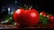 red tomatoes with leaves, seeds and water droplets on a wooden table