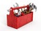 Red toolbox full of hand tools