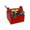 Red toolbox with tools. Sckrewdriver, hammer, handsaw and wrench. Under construction, maintenance, fix, repair, premium