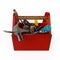 Red toolbox with tools. Sckrewdriver, hammer, handsaw and wrench. Under construction, maintenance, fix, repair, premium