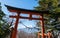 Red torii of Chureito temple with Mount Fuji as background