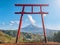 Red torii of Chureito temple with Mountain Fuji as background