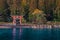 Red Torii of Shrine at Lake Tazawa, Senboku, Akita, Japan.