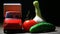 Red toy car vegetables dark background wooden table nobody hd footage