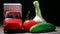Red toy car vegetables dark background wooden table nobody hd footage