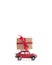 Red toy car Volkswagen Beetle with creative wrapped box on white background