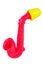 Red toy saxophone. Children`s musical toy. On a white background, isolated