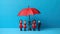 Red toy umbrella and wooden doll figures on a blue background. Insurance coverage concept. Generative Ai