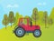 Red Tractor on Green Meadow Among Trees and Bushes