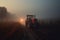 red tractor with headlights on at dawn foggy field. fog at sunrise, Generative AI