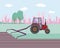 Red tractor plows field and city for agricultural company, flat vector stock illustration with agricultural heavy machine as a