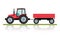 Red tractor with a trailer for transportation of large loads. Agricultural machinery in flat cartoon style