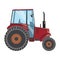 A red tractor with wheels, silencer and glass, a vector stock flat illustration for farm, construction or agriculture