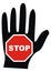 Red traffic sign mark on a background of black silhouettes of a hand.