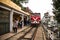 Red Train locomotive coming to Long Bien railway station, Hanoi, Vietnam