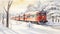 Red Train In Winter Landscape: A Commissioned Watercolorist\\\'s Energetic Take On Classic Japanese Simplicity In The Style Of Group