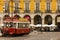 Red tram in Commerce Square. Lisbon. Portugal