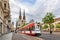 Red tram on Hallmarkt square in Halle Saale, Germany