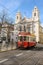 Red tram and St. Paul church. Lisbon. Portugal