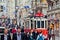 Red tram on Taksim square. Famous touristic line with vintage tram