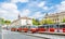 Red trams on the ancient streets of Prague. City Life in Europe