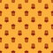 Red Trash can icon isolated seamless pattern on brown background. Garbage bin sign. Recycle basket icon. Office trash