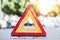 Red triangle, road sign and stop for emergency, construction or symbol for caution to driver on the ground, floor or