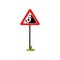 Red triangular warning sign falling stones. Dangerous road section. Flat vector element for book of traffic rules