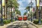 red trolley streetcar on rail in New Orleans French Quarter