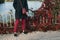 Red trousers and red leaves of plants