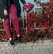 Red trousers and red leaves of plants