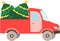 Red truck carrying decorated Christmas trees, vector drawing