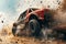 A red truck drives through a dusty dirt field, kicking up clouds of dust as it moves, An action-packed scene from an off-road