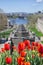 Red tulips flowers in front of Ottawa locks station