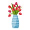Red tulips vase in flat style on white background. Spring bouquet. Vector illustration.